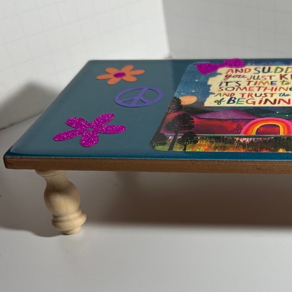 Marine Blue Crackled Glossy Ceramic Riser w/ Sticker Graffiti Art - Picture 3 of 5